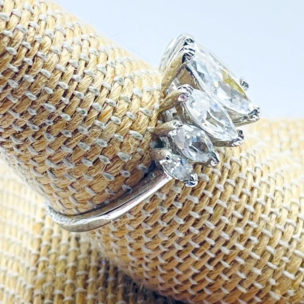 Clear Rhinestone Statement Ring Silver Tone Marquise Cut Cocktail Dinner Bridal